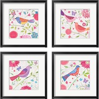 Framed 'Damask Floral and Bird 4 Piece Framed Art Print Set' border=