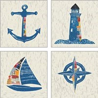 Framed 'Nautical Collage on Linen 4 Piece Art Print Set' border=
