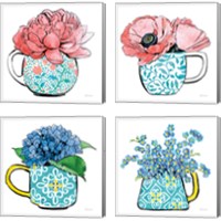 Framed 'Floral Teacups 4 Piece Canvas Print Set' border=