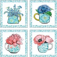 Framed Floral Teacup Vine Border 4 Piece Art Print Set