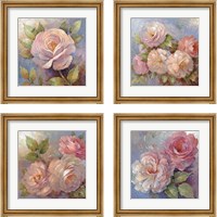 Framed 'Roses on Blue 4 Piece Framed Art Print Set' border=