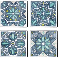 Framed 'Garden Getaway Tile Blue 4 Piece Canvas Print Set' border=
