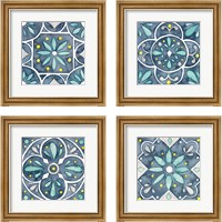 Framed 'Garden Getaway Tile Blue 4 Piece Framed Art Print Set' border=