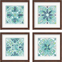 Framed 'Garden Getaway Tile Teal 4 Piece Framed Art Print Set' border=