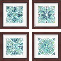 Framed 'Garden Getaway Tile Teal 4 Piece Framed Art Print Set' border=