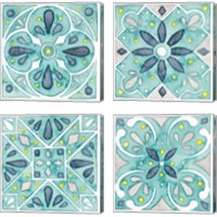 Framed 'Garden Getaway Tile Teal 4 Piece Canvas Print Set' border=