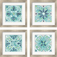 Framed 'Garden Getaway Tile Teal 4 Piece Framed Art Print Set' border=