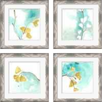 Framed 'Teal and Ochre Ginko 4 Piece Framed Art Print Set' border=