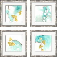 Framed 'Teal and Ochre Ginko 4 Piece Framed Art Print Set' border=