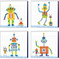 Framed 'Robot Party on Square Toys 4 Piece Canvas Print Set' border=