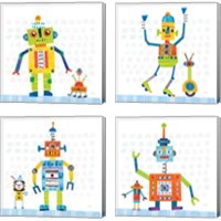 Framed 'Robot Party on Square Toys 4 Piece Canvas Print Set' border=