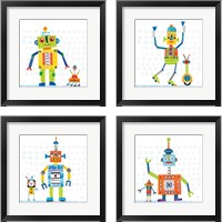 Framed 'Robot Party on Square Toys 4 Piece Framed Art Print Set' border=