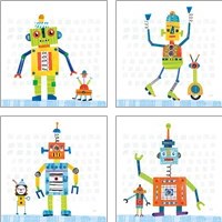 Framed 'Robot Party on Square Toys 4 Piece Art Print Set' border=