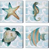 Framed 'Sea Creatures on Waves  4 Piece Canvas Print Set' border=