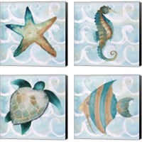 Framed Sea Creatures on Waves  4 Piece Canvas Print Set
