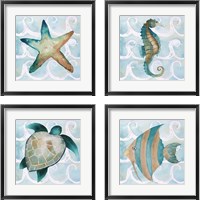 Framed 'Sea Creatures on Waves  4 Piece Framed Art Print Set' border=