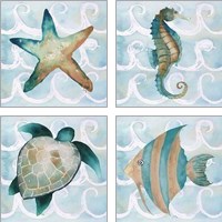 Framed Sea Creatures on Waves  4 Piece Art Print Set