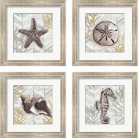 Framed 'Gray Gold Chevron Sea Life 4 Piece Framed Art Print Set' border=