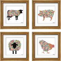 Framed 'Floral Farm Animals 4 Piece Framed Art Print Set' border=