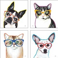 Framed 'Bespectacled Pet 4 Piece Art Print Set' border=