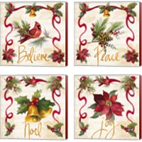 Framed 'Christmas Poinsettia Ribbon 4 Piece Canvas Print Set' border=