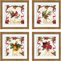Framed 'Christmas Poinsettia Ribbon 4 Piece Framed Art Print Set' border=