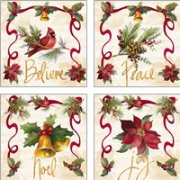 Framed 'Christmas Poinsettia Ribbon 4 Piece Art Print Set' border=