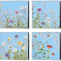 Framed 'Wild Flowers on Cerulean 4 Piece Canvas Print Set' border=