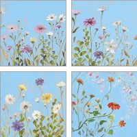 Framed 'Wild Flowers on Cerulean 4 Piece Art Print Set' border=