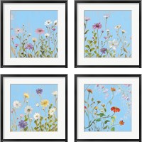 Framed 'Wild Flowers on Cerulean 4 Piece Framed Art Print Set' border=