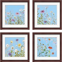 Framed 'Wild Flowers on Cerulean 4 Piece Framed Art Print Set' border=