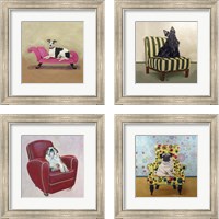 Framed 'Dogs on Chairs 4 Piece Framed Art Print Set' border=