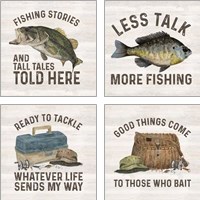 Framed 'Less Talk More Fishing 4 Piece Art Print Set' border=