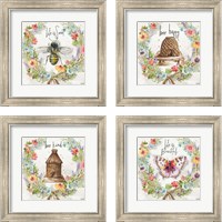 Framed Butterfly and Herb Blossom Wreath 4 Piece Framed Art Print Set