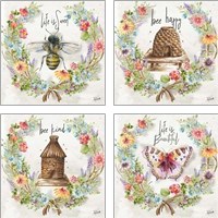 Framed Butterfly and Herb Blossom Wreath 4 Piece Art Print Set