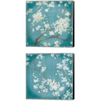 Framed White Cherry Blossoms on Teal Aged no Bird 2 Piece Canvas Print Set