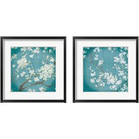 Framed White Cherry Blossoms on Teal Aged no Bird 2 Piece Framed Art Print Set