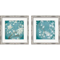 Framed 'White Cherry Blossoms on Teal Aged no Bird 2 Piece Framed Art Print Set' border=