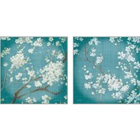 Framed 'White Cherry Blossoms on Teal Aged no Bird 2 Piece Art Print Set' border=