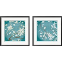Framed White Cherry Blossoms on Teal Aged no Bird 2 Piece Framed Art Print Set