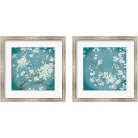 Framed White Cherry Blossoms on Teal Aged no Bird 2 Piece Framed Art Print Set