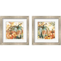 Framed Watercolor Harvest Teal and Orange Pumpkins 2 Piece Framed Art Print Set