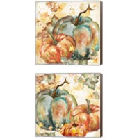 Framed 'Watercolor Harvest Teal and Orange Pumpkins 2 Piece Canvas Print Set' border=