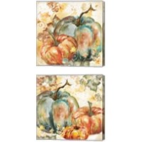 Framed 'Watercolor Harvest Teal and Orange Pumpkins 2 Piece Canvas Print Set' border=