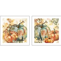 Framed Watercolor Harvest Teal and Orange Pumpkins 2 Piece Art Print Set