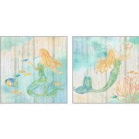 Framed Sea Splash Mermaid Woodgrain 2 Piece Art Print Set
