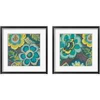 Framed 'Floral Assortment Teal on Dark Grey 2 Piece Framed Art Print Set' border=