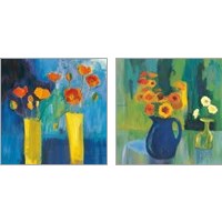 Framed 'Bright Flowers on Blue 2 Piece Art Print Set' border=