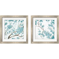 Framed 'Teal Cherry Blossoms on Cream Aged 2 Piece Framed Art Print Set' border=