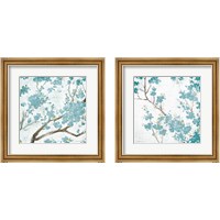 Framed 'Teal Cherry Blossoms on Cream Aged 2 Piece Framed Art Print Set' border=